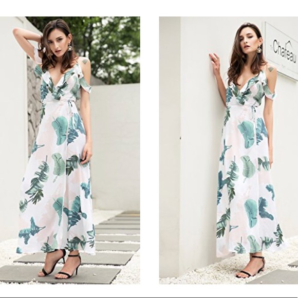 Bohemian Off Shoulder Floral Print Split Maxi Dres - Picture 2 of 8